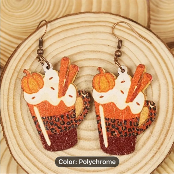 Earrings, NWT, Wooden Pumpkin Latte Cup W/Leopard Print, Dangle, So Cute! - Picture 3 of 6